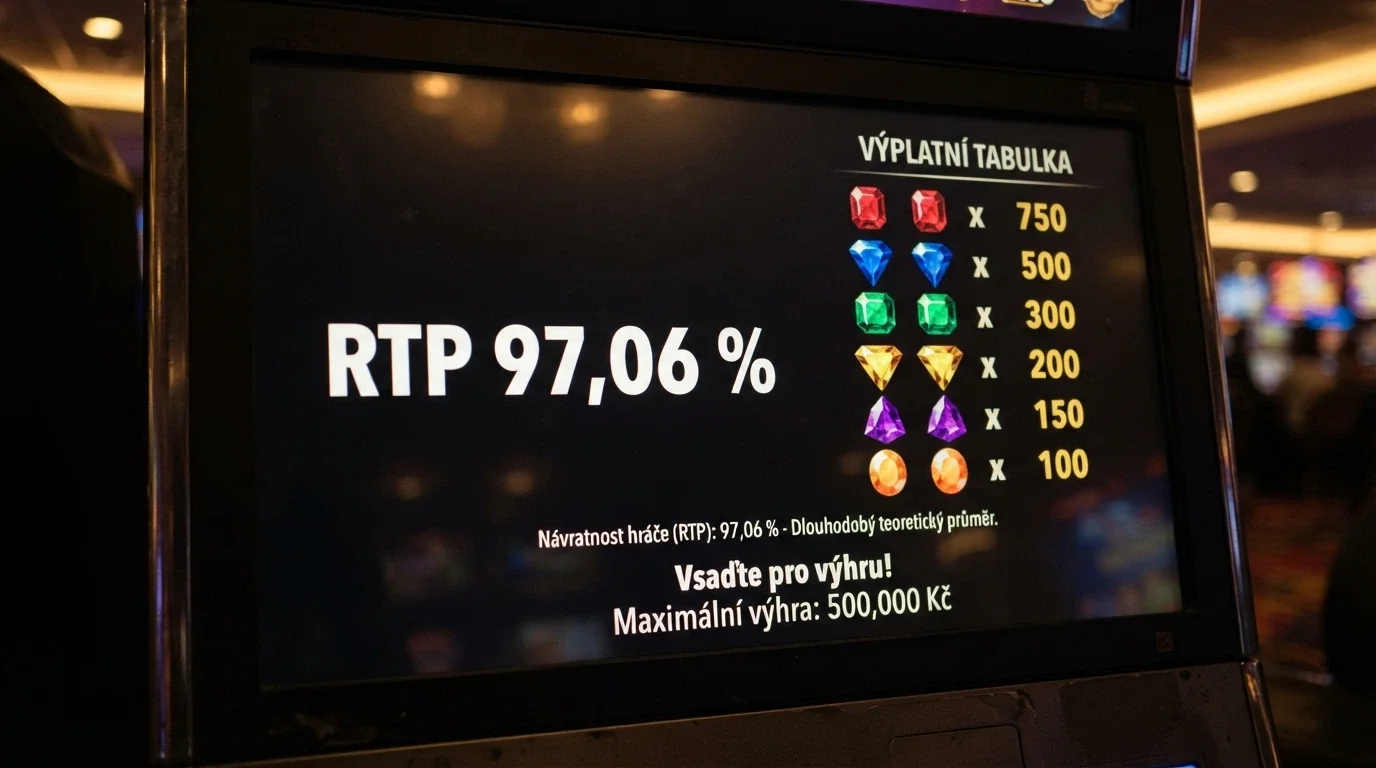 Výřez z online automatu — detail na informační obrazovku s hodnotou RTP a výherní tabulkou
