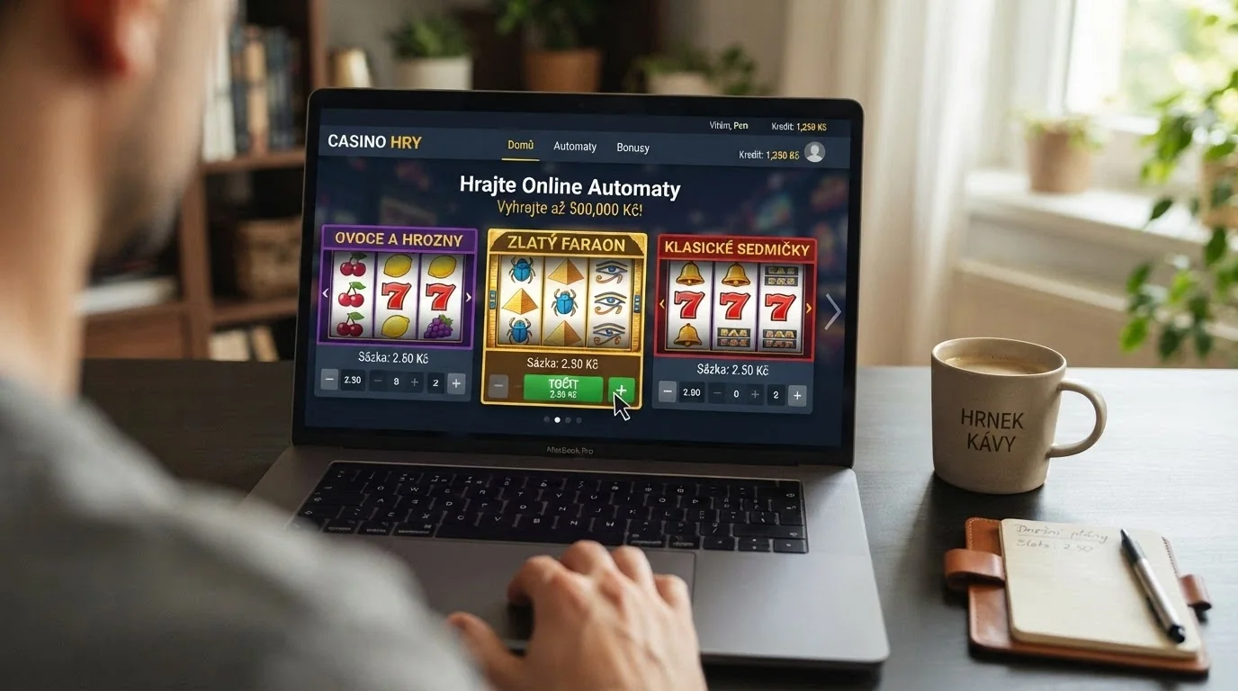 Koláž tří populárních online automatů (ovocný, egyptský, klasický) s viditelnými válci a kurzorem na tlačítku sázky