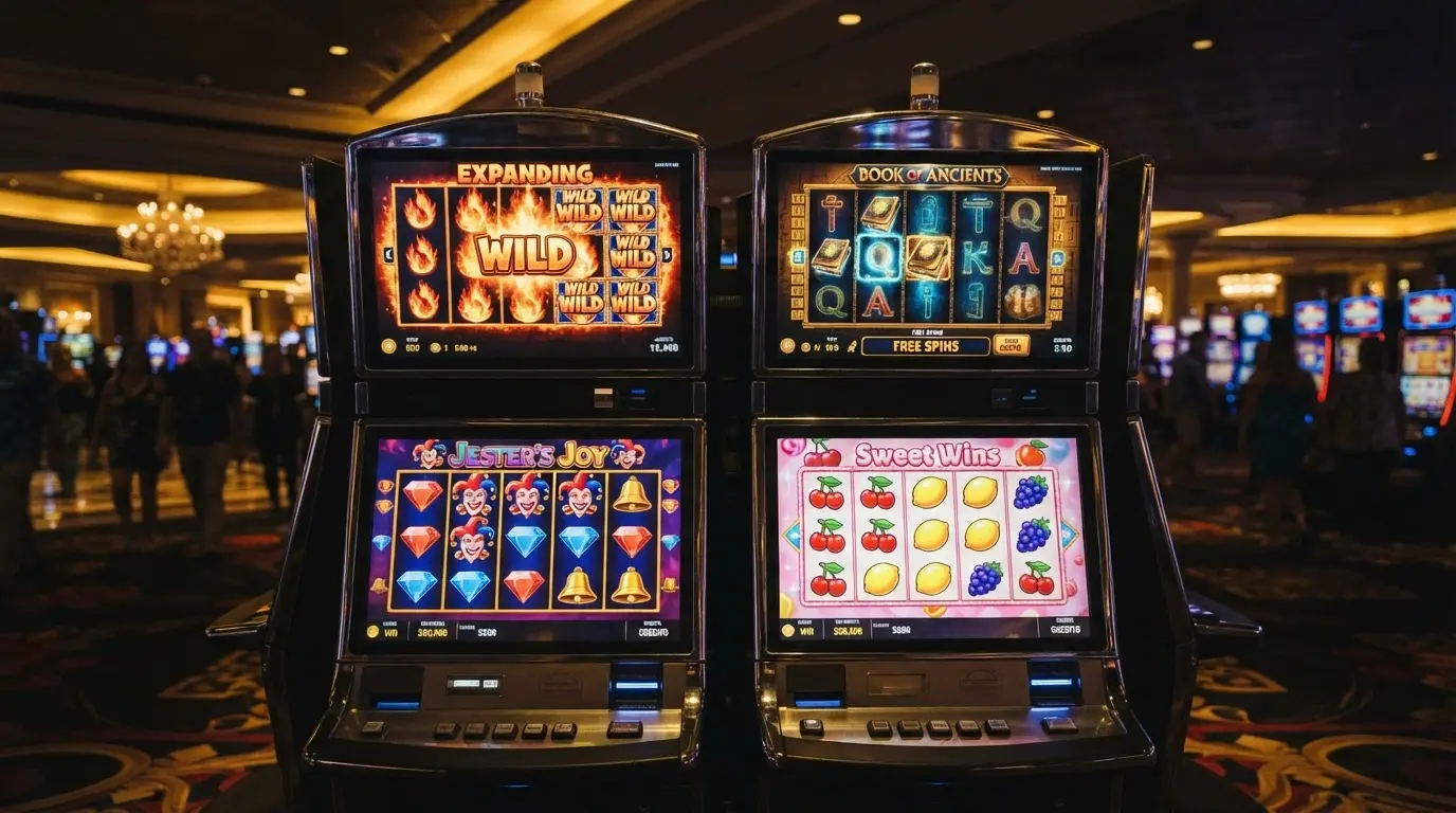 Čtveřice obrazovek automatů — Starburst, Book of Dead, Fire Joker, Sweet Bonanza — s viditelným RTP