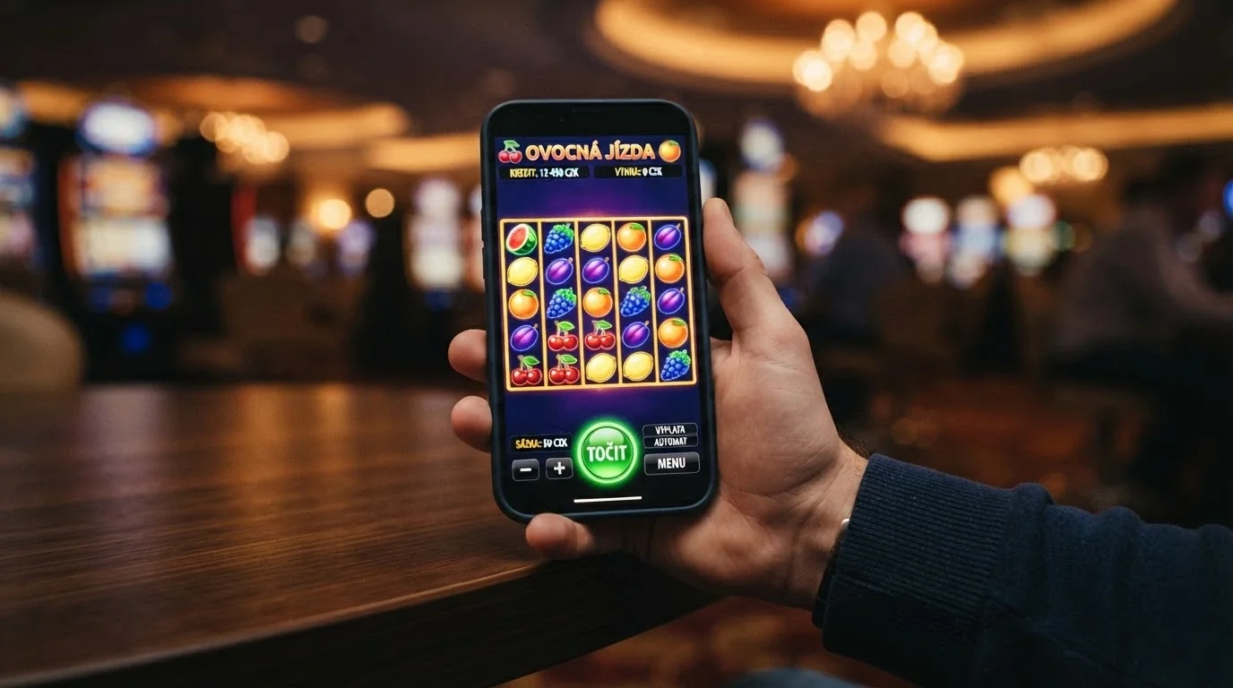 Displej s automatem Respin Joker od Synotu, v popředí tlačítko „spin“ s označením free