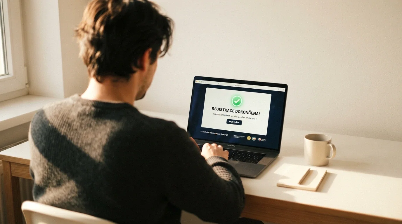 Spokojený hráč u počítače s dokončenou registrací v licencovaném online casinu