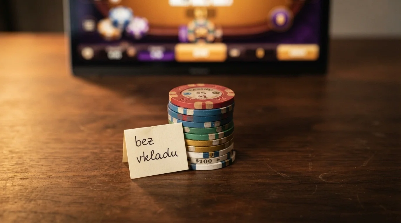 Hromádka českých korunových mincí s visačkou „bez vkladu“, v pozadí rozmazané casino rozhraní