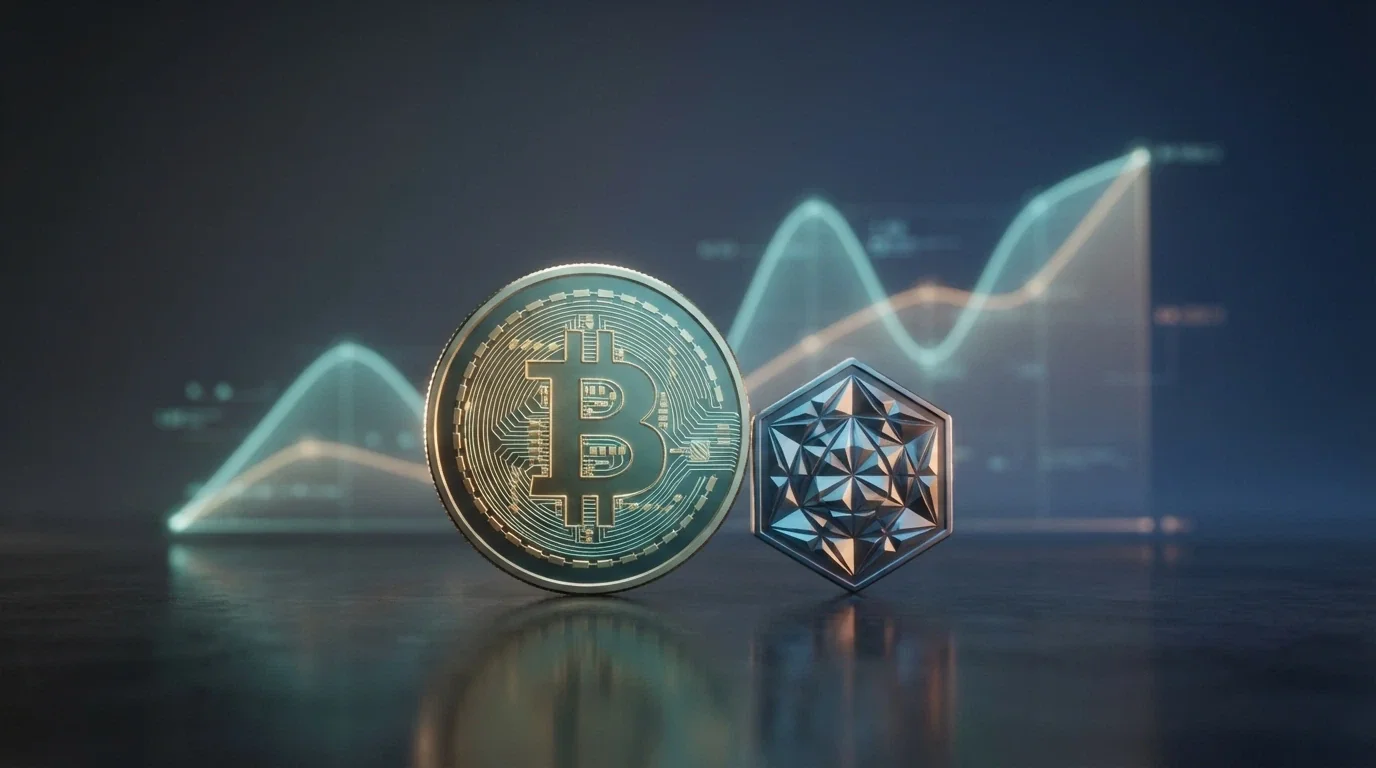 Bitcoinové a ethereové mince na pozadí blockchain grafiky s kurzovním grafem