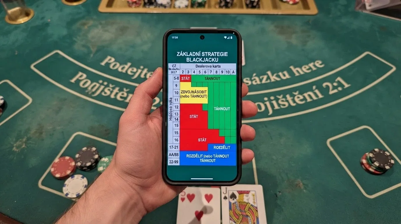 Hráč drží mobil s otevřenou basic strategy tabulkou u živého blackjacku