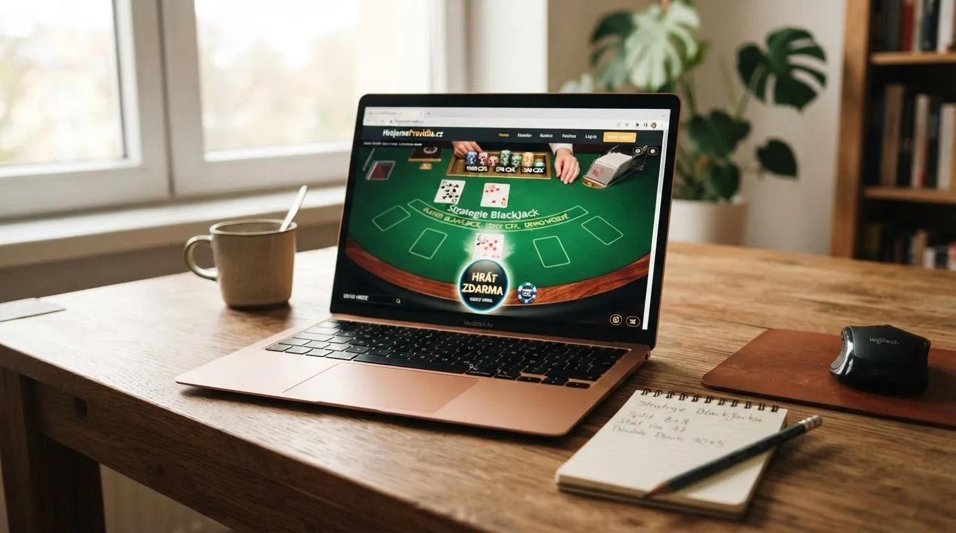Obrazovka s demo verzí online blackjacku — virtuální žetony a tlačítko hrát zdarma