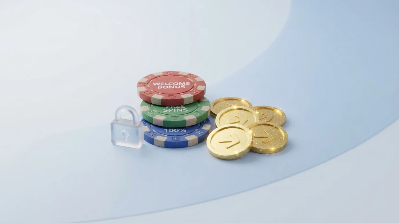 Grafické znázornění uvítacího balíčku — free spiny, peněžní bonus, symbol přeškrtnutého protočení