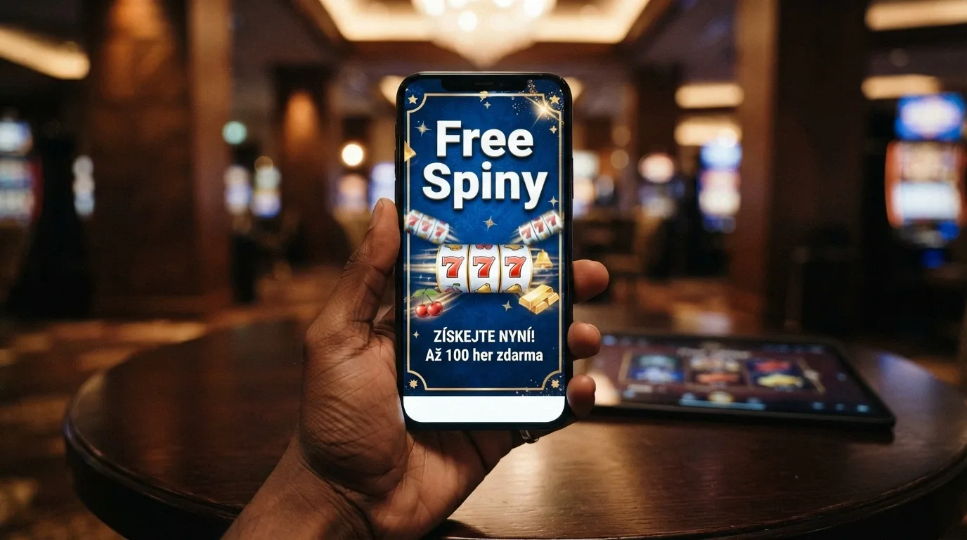 Propagační banner s nápisem „Free spiny zdarma“ a ilustrací otáčejících se válců