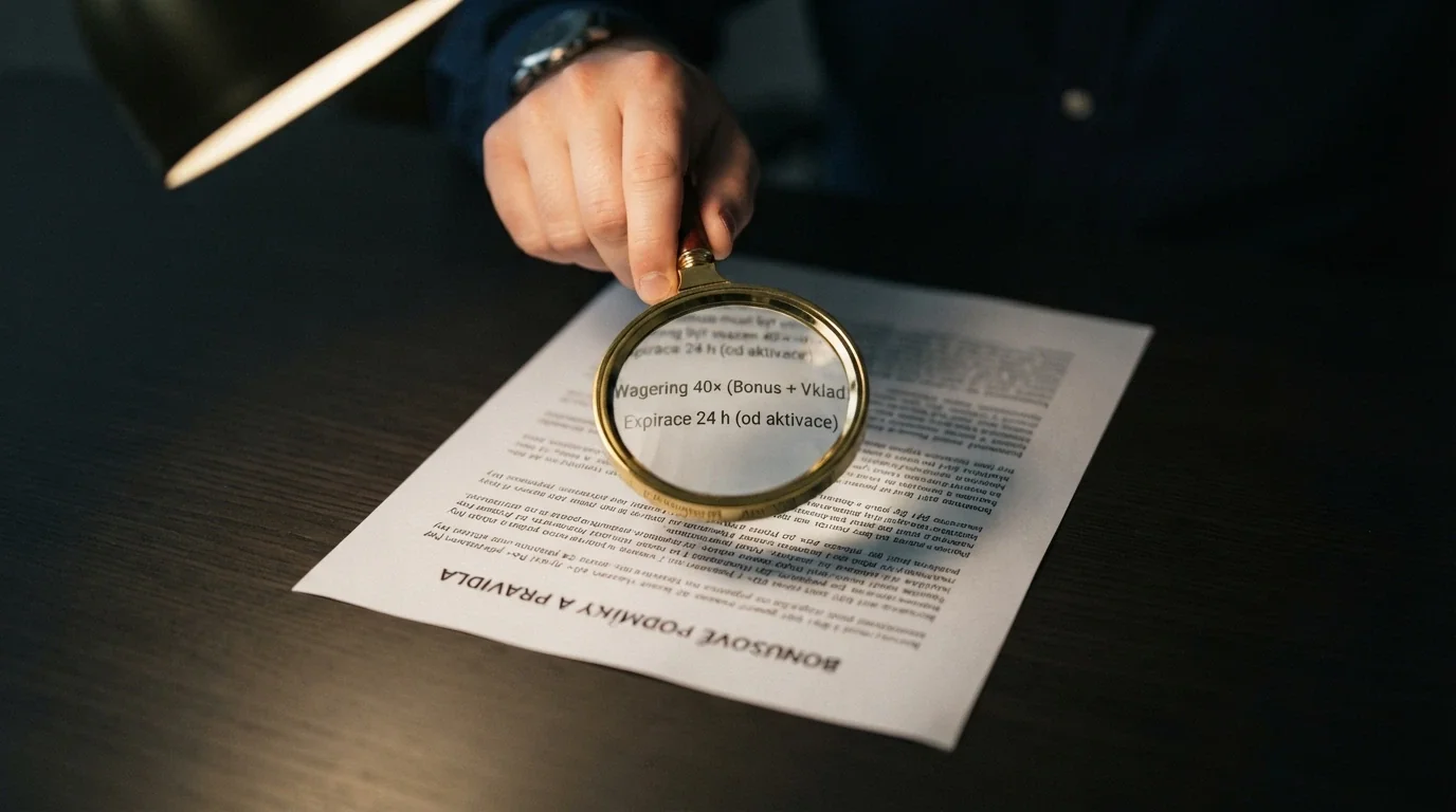 Lupa nad textem bonusových podmínek — wagering 40×, expirace 24 h, limit výhry