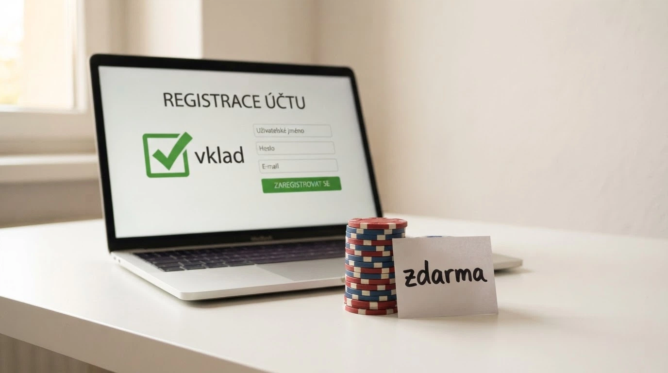Registrační formulář s odškrtnutým políčkem „vklad“ a vedle něj hromádka mincí s nápisem „zdarma“