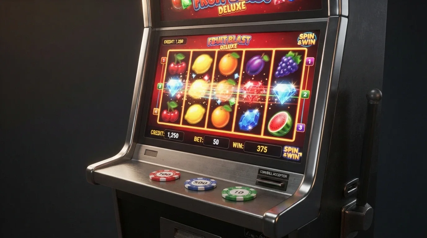 Výherní automat s logy Synot, Tech4Bet a Apollo Games na obrazovce