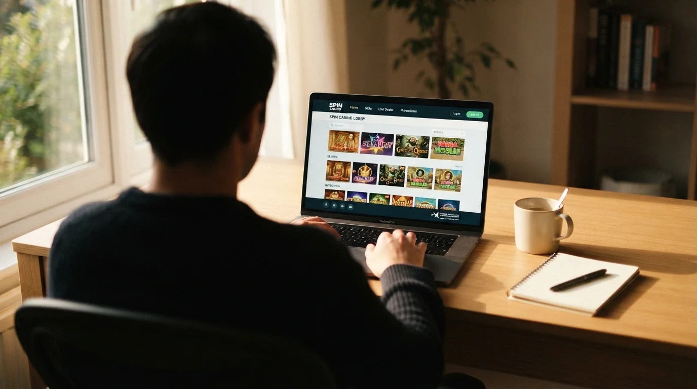 Český hráč u počítače porovnávající nabídky online casin na obrazovce