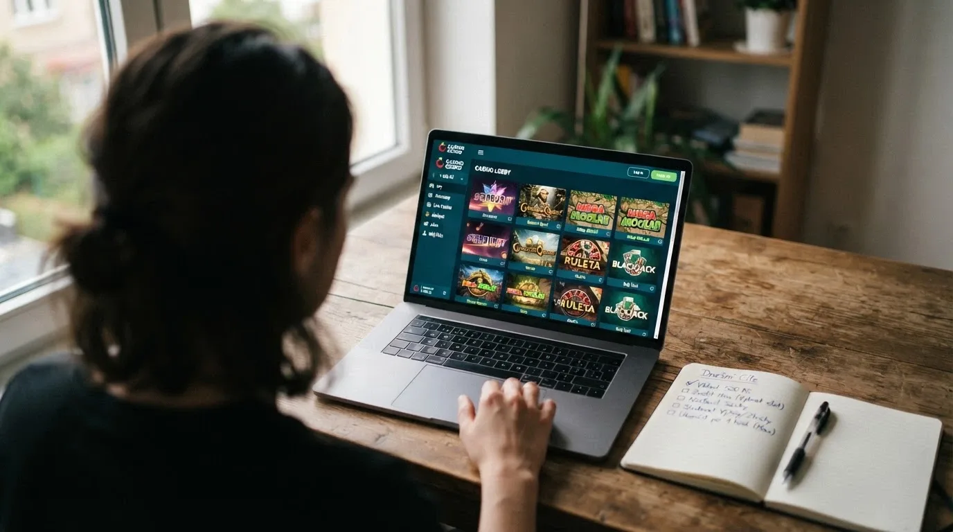 Hráč u počítače s otevřenou stránkou online casina a kontrolním seznamem