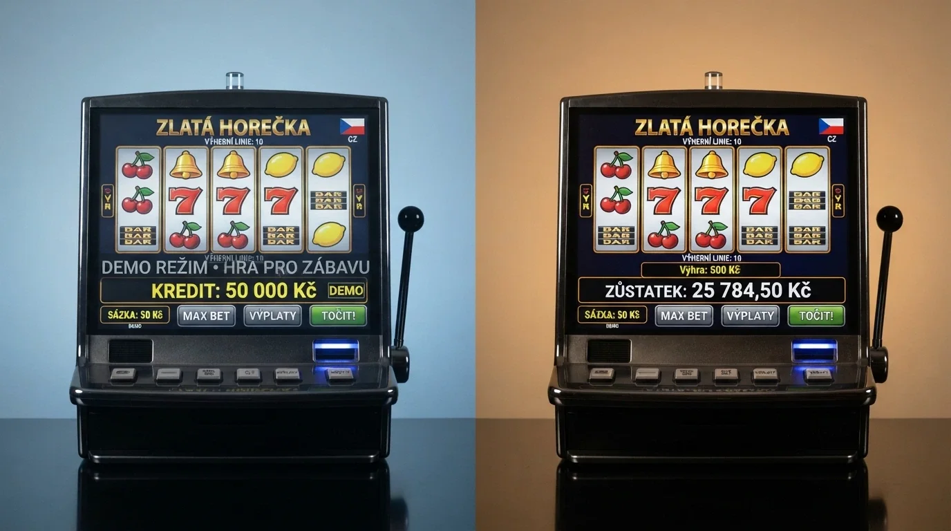 rozdělená obrazovka — vlevo automat v demo režimu s herní měnou, vpravo stejný automat s reálným zůstatkem