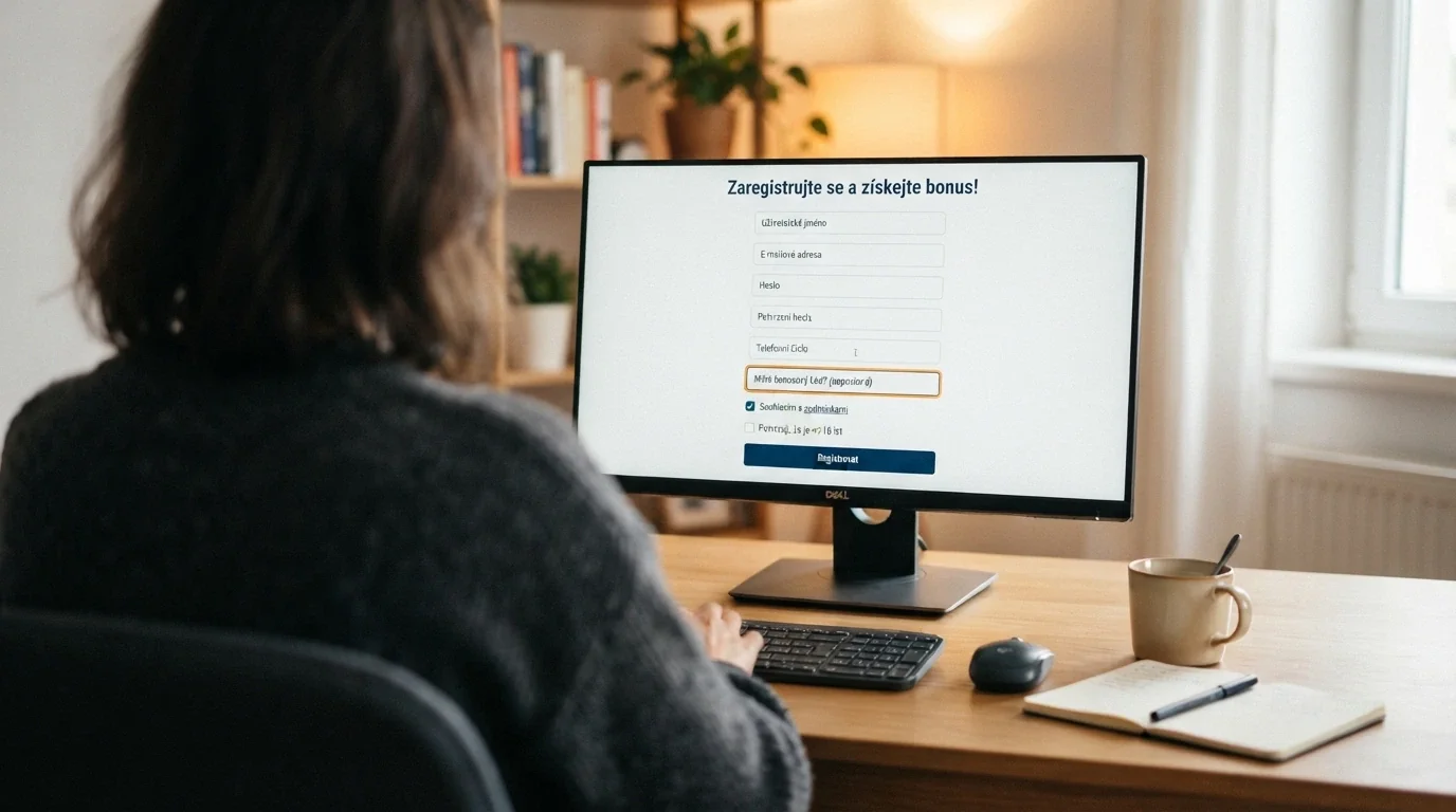 Český hráč u počítače procházející registračním formulářem online casina s polem pro bonusový kód