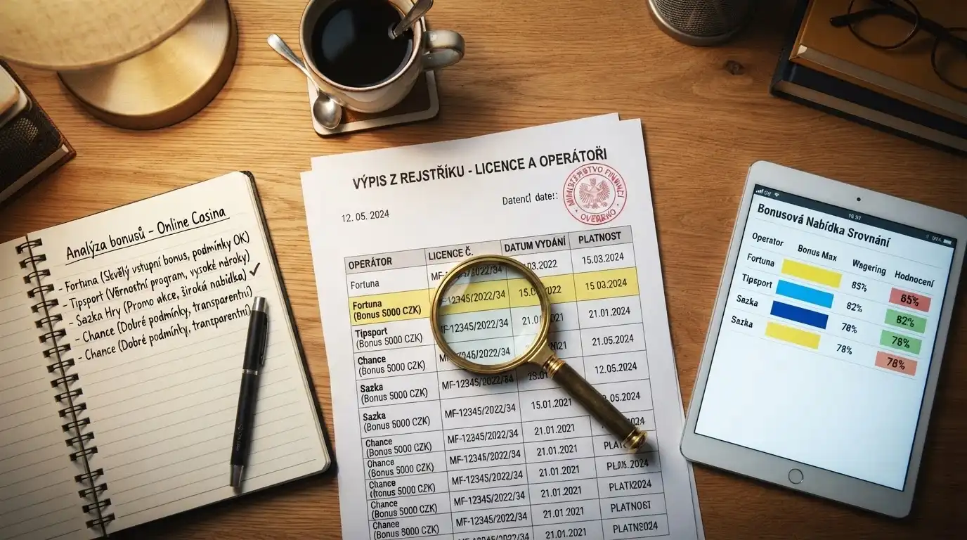 Stůl s rozloženými dokumenty — výpisem z registru MF ČR, poznámkami a lupou nad srovnávací tabulkou