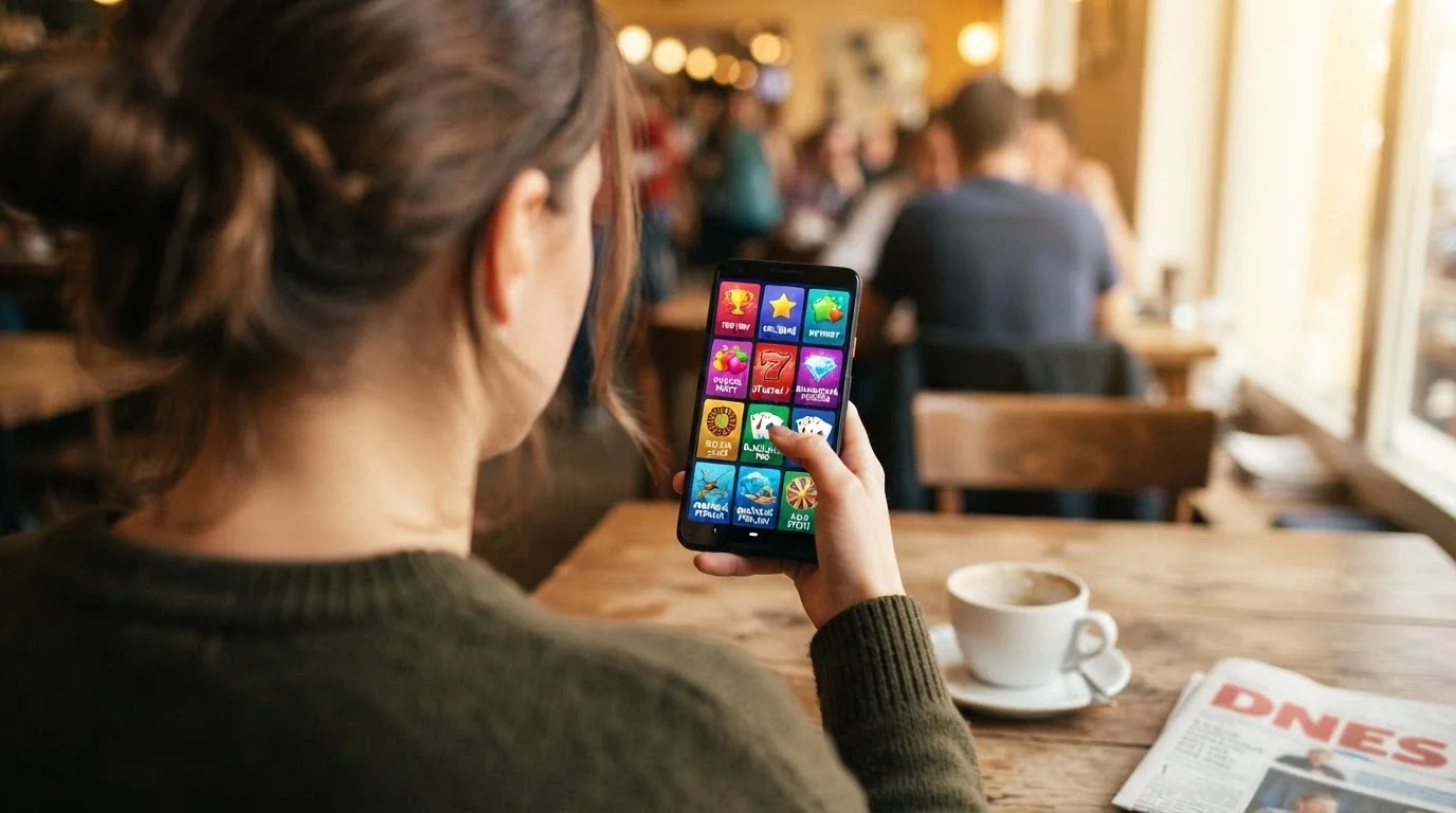 Hráč vybírající si hru na mobilním telefonu