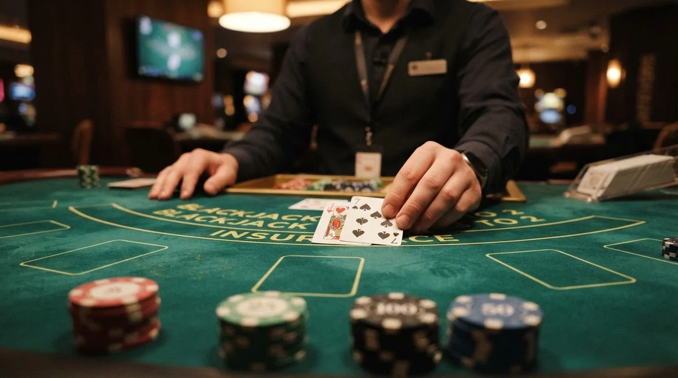 Detail živého blackjackového stolu — krupiér rozdává karty, na stole sázky