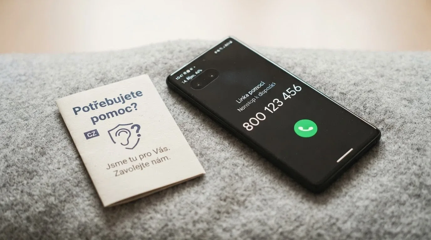 mobilní telefon s vytočeným číslem 800 350 000 vedle log českých organizací pomoci
