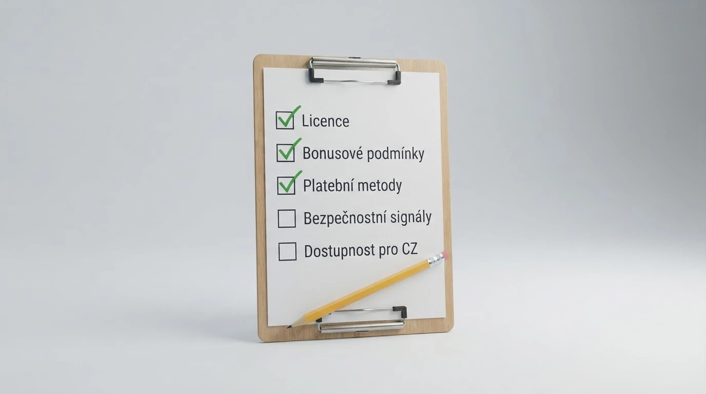 Checklist s položkami — ověření licence, kontrola bonusových podmínek, platební metody, bezpečnostní signály