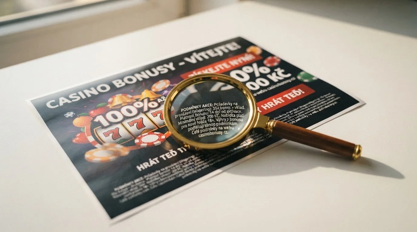 Detail uvítacího bonusového banneru s lupou — zvýrazněné drobné písmo s podmínkami protočení a platnosti