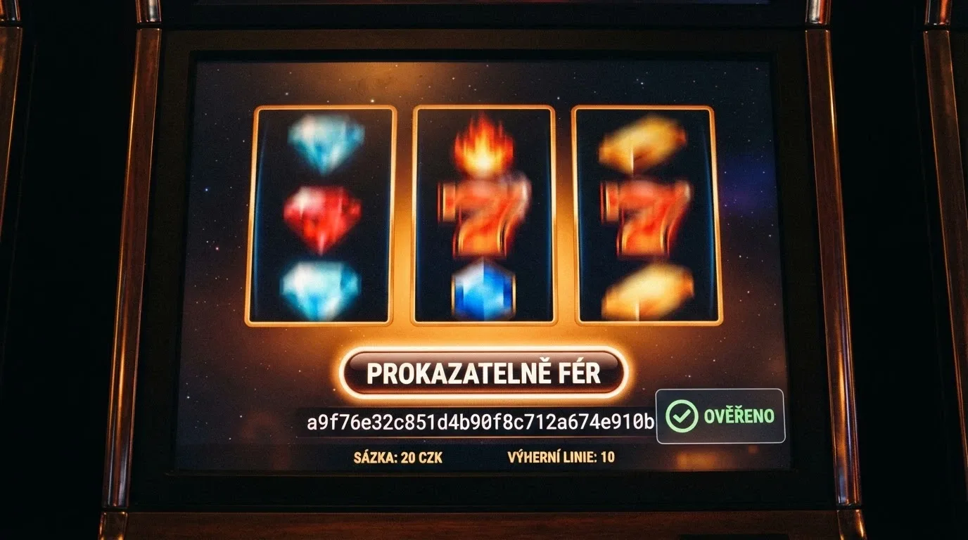 Rozhraní krypto slotu s viditelným tlačítkem „Provably Fair“ — vedle něj hash a dialog ověření výsledku