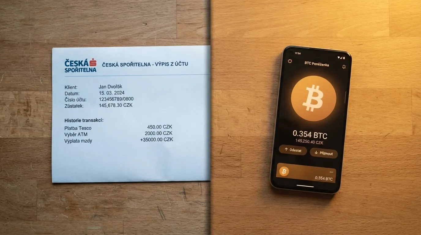 Rozdělená obrazovka — vlevo obrazovka s tradičním bankovním převodem v korunách, vpravo rozhraní krypto peněženky s BTC transakcí