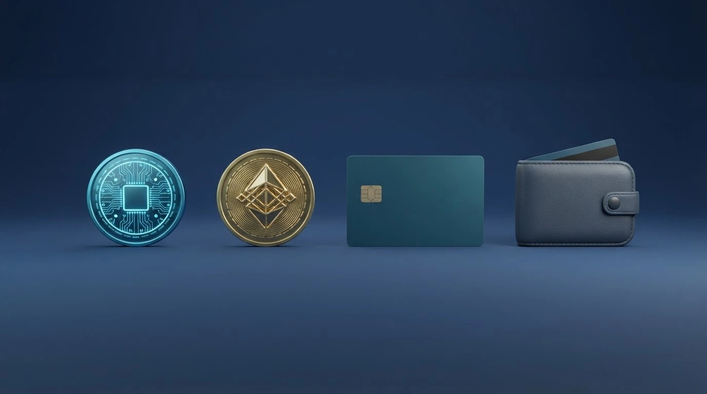 Ikony platebních metod — bitcoin, ethereum, kreditní karta, e-peněženka — seřazené vedle sebe