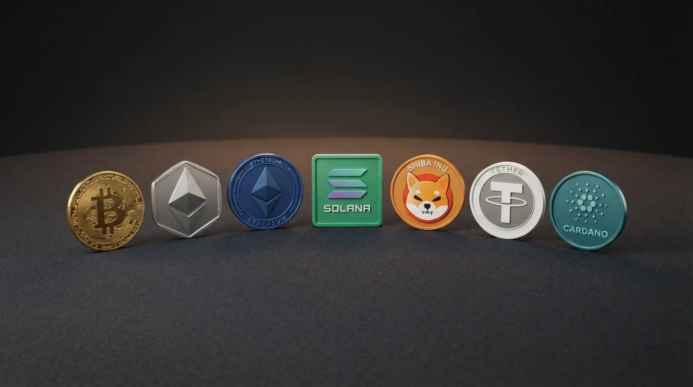 Rozložení fyzických mincí a tokenů — BTC, ETH, USDT, SOL, ADA, DOGE, LTC — na herním stole s logy kasin