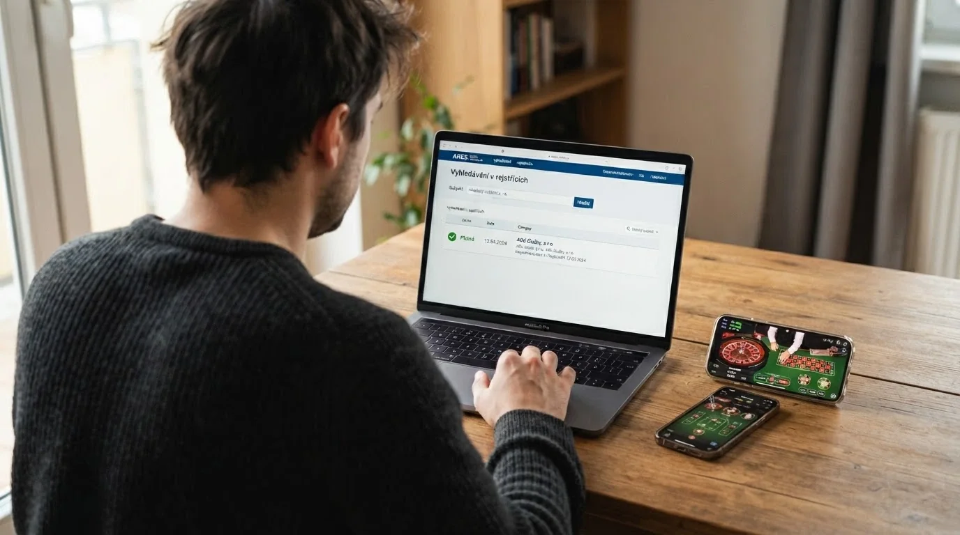 Dokument Ministerstva financí ČR s razítkem vedle screenshotu licencovaného live casina