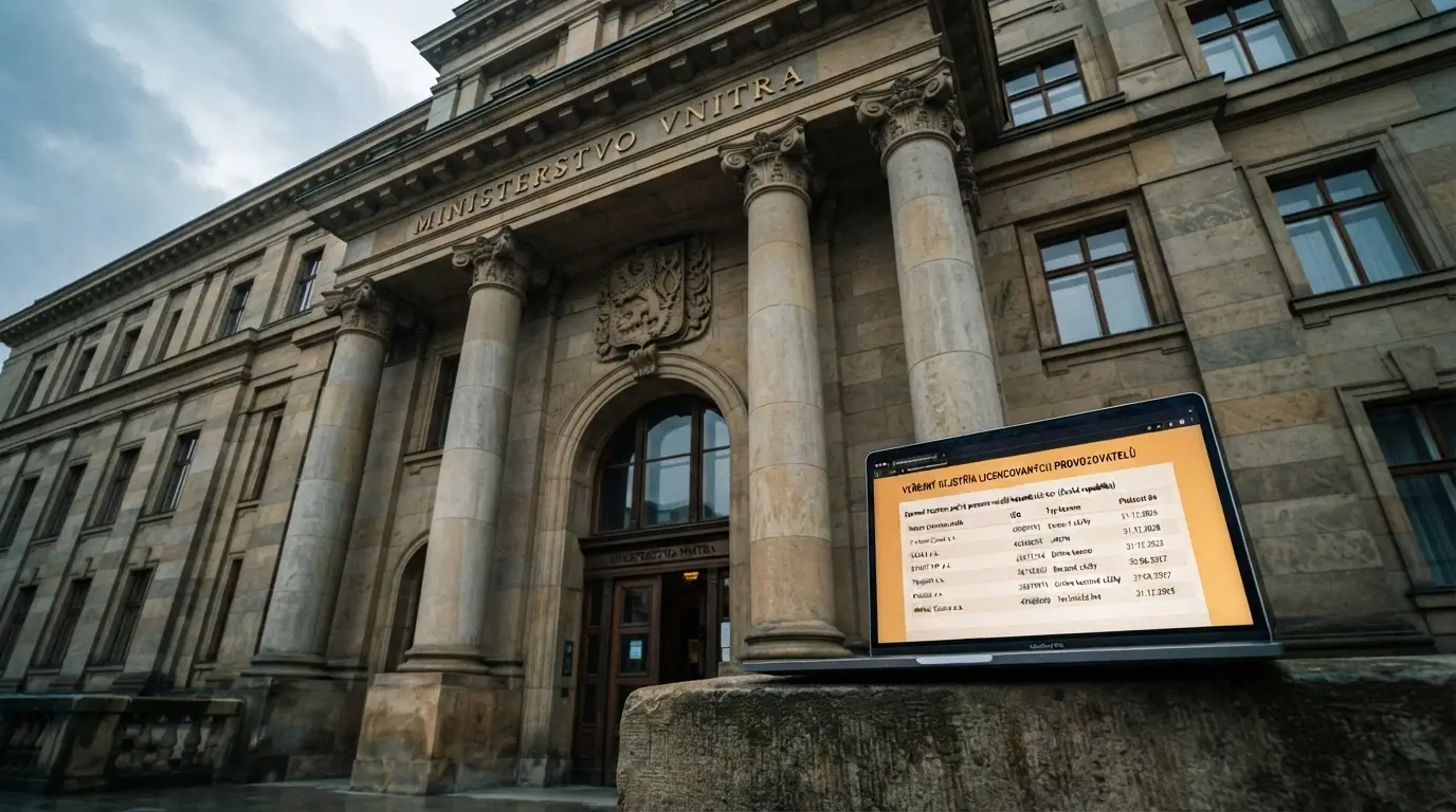 Budova Ministerstva financí ČR s logem a vedle něj obrazovka s výřezem oficiálního seznamu držitelů licence
