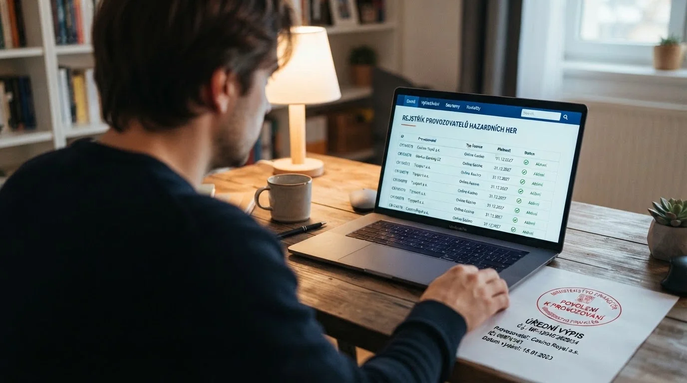 Detail úředního dokumentu s razítkem Ministerstva financí ČR položený vedle otevřeného notebooku s webem casina