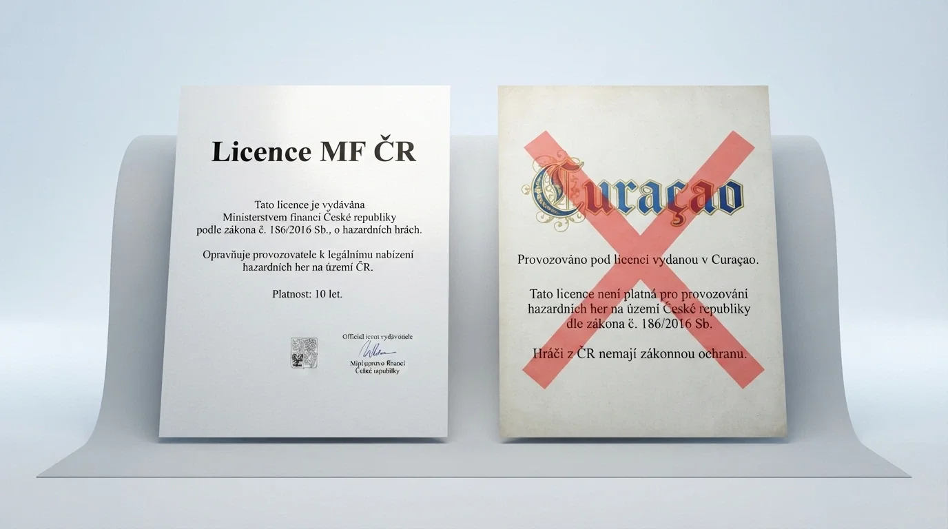 Porovnání dvou dokumentů — licence Ministerstva financí ČR a Curaçao herní licence — s razítkem a kontrastním pozadím