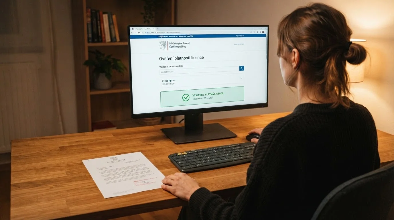 Detail úředního dokumentu s logem Ministerstva financí ČR vedle monitoru s otevřeným whitelistem