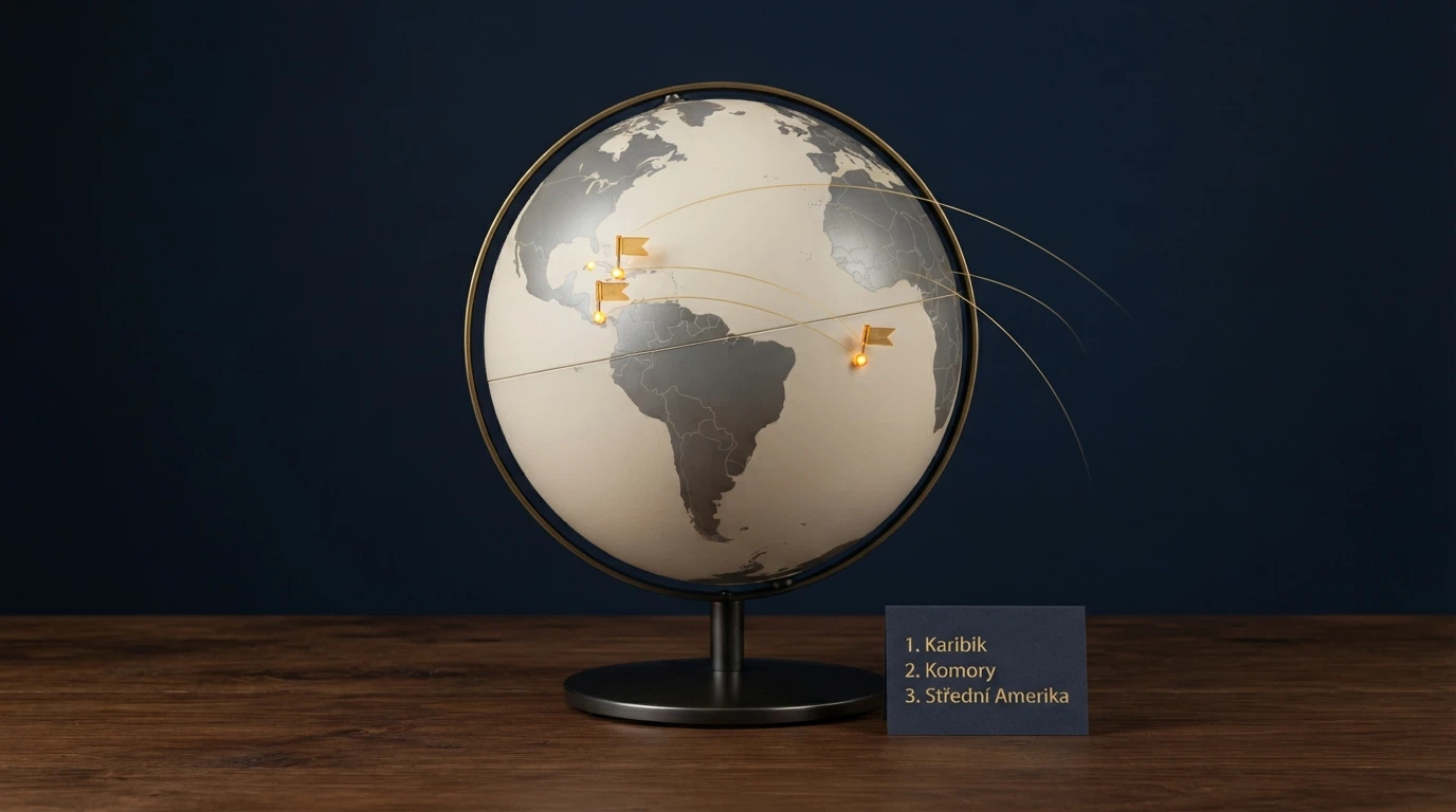 Mapa světa se zvýrazněnými jurisdikcemi Curaçao, Anjouan a Kostarika