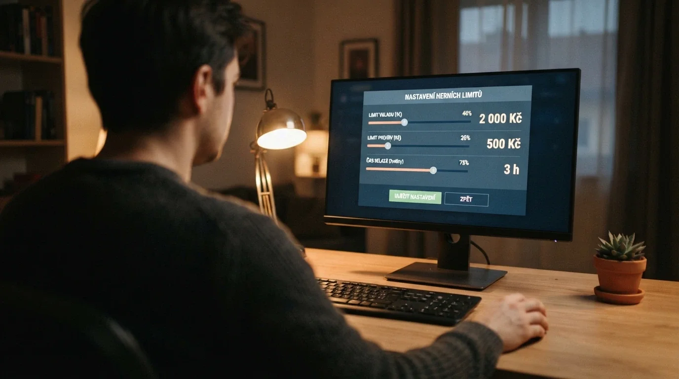 Hráč u počítače, před ním otevřené okno s nastavením limitů vkladu, ztráty a času v online casinu