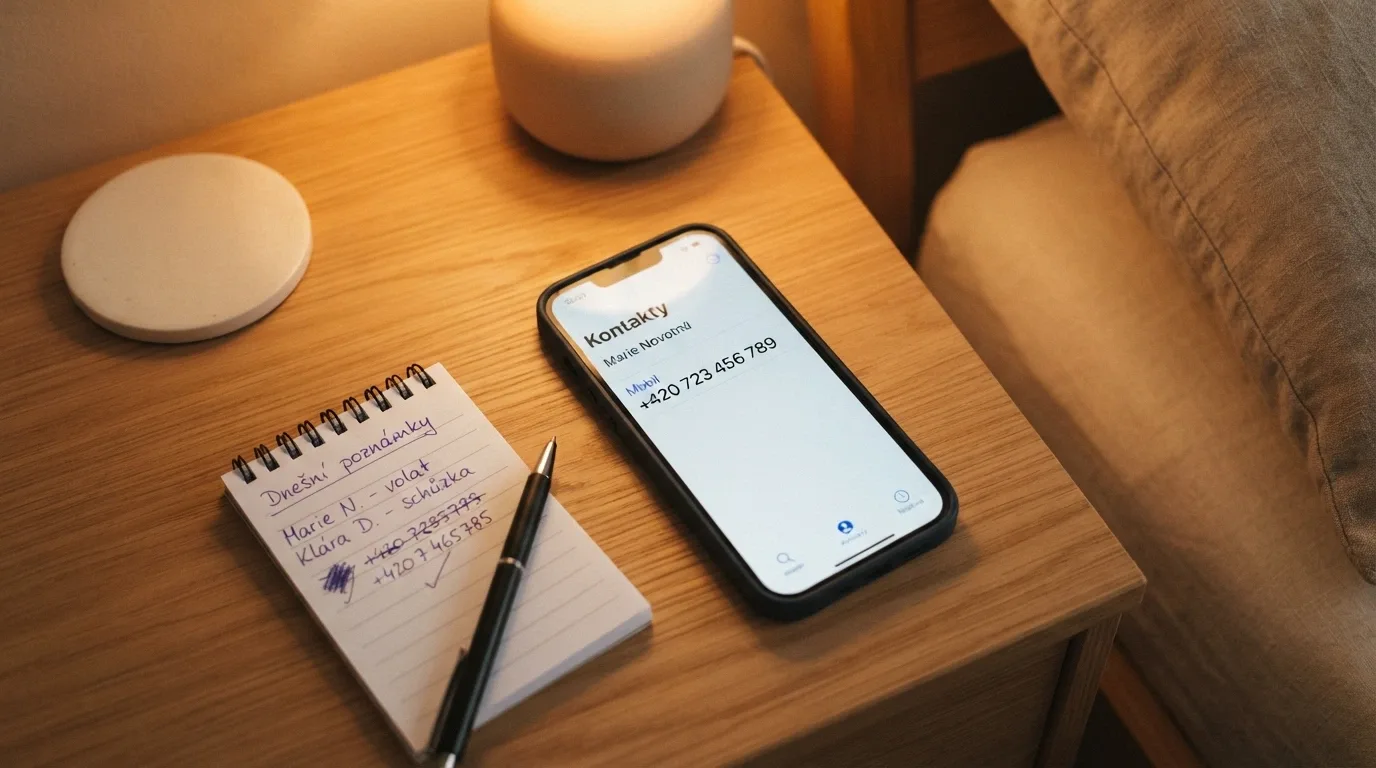 Telefon s vytočeným číslem linky pomoci a poznámkový blok s kontakty