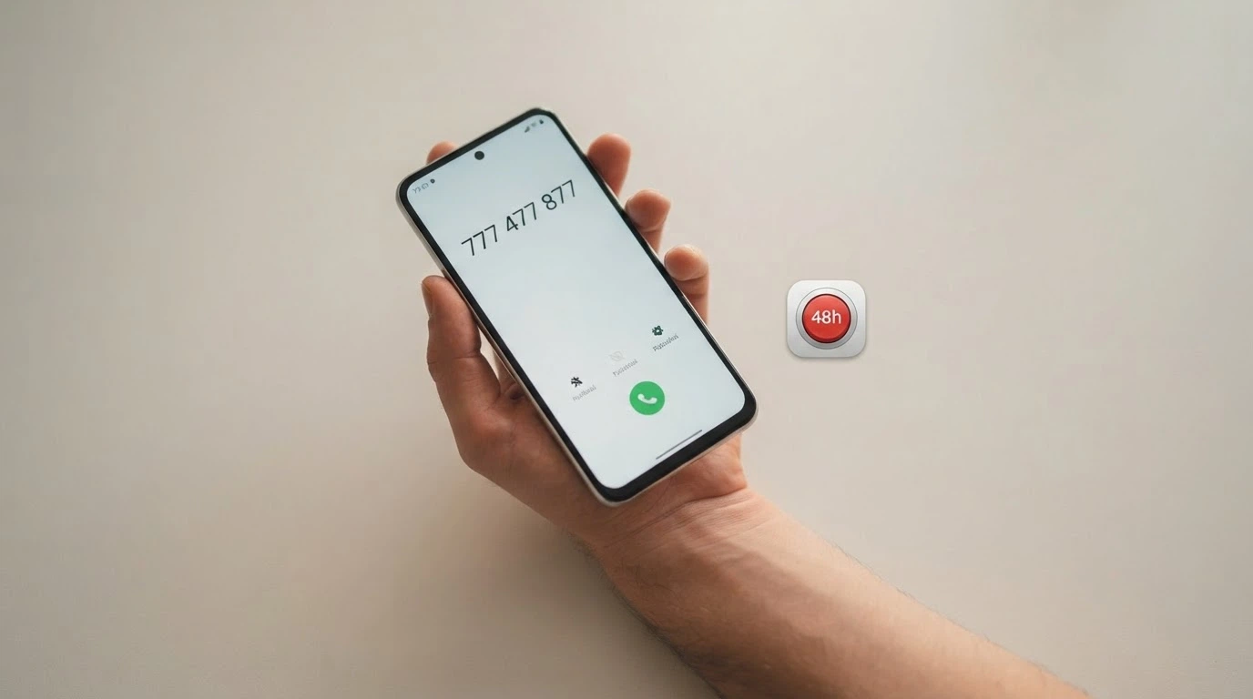 Telefon s vytočeným číslem 777 477 877 na displeji, vedle ikona panic buttonu s nápisem 48h