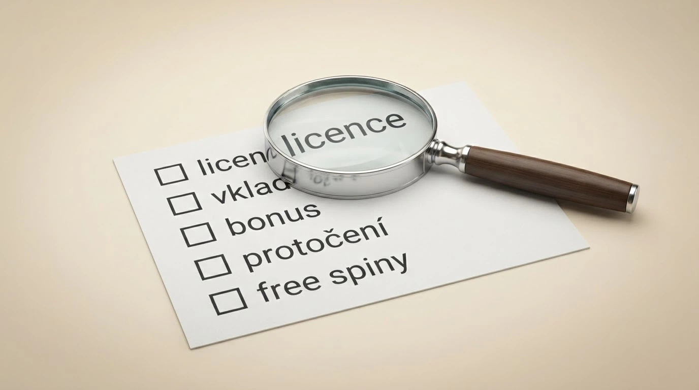 Lupa nad seznamem kritérií — licence, minimální vklad, bonus, protočení, free spiny