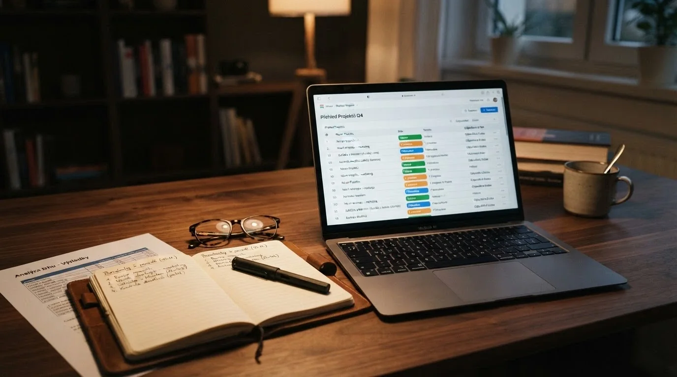 Stůl s otevřeným notebookem, vedle něj poznámkový blok s ručně psanými kritérii hodnocení a vytištěný seznam operátorů