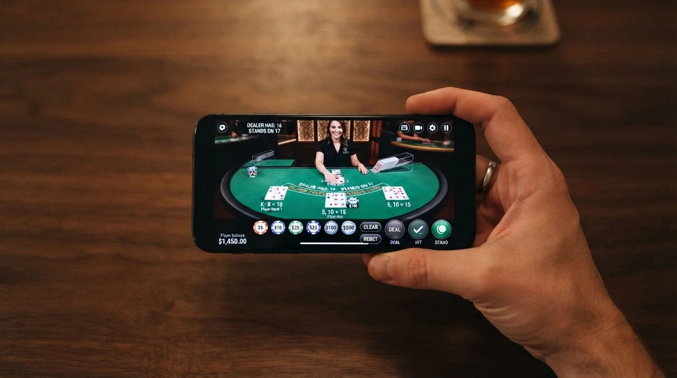 Živý blackjack na displeji chytrého telefonu — hra v režimu na šířku s viditelným krupiérem