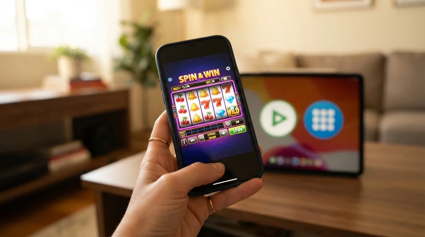 Dlaň držící mobilní telefon s otevřeným online automatem v prohlížeči, vedle ikony App Store a Google Play