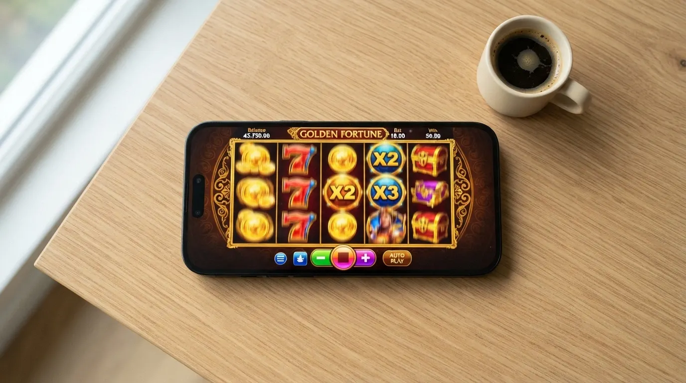 Mobilní telefon s otevřenou hrou v online casinu na displeji