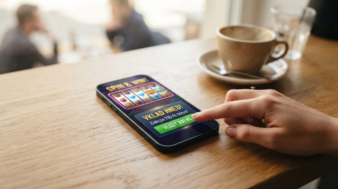 Mobilní telefon s otevřenou casino aplikací, zobrazená hra a ukazatel vkladu 200 Kč