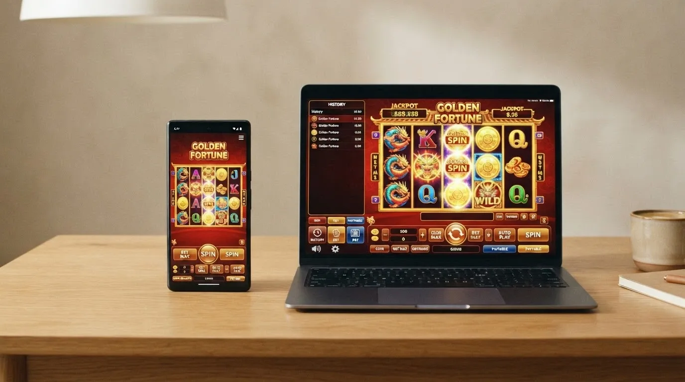 Mobil a notebook vedle sebe se stejnou casino hrou na displeji, rozdílné rozložení prvků