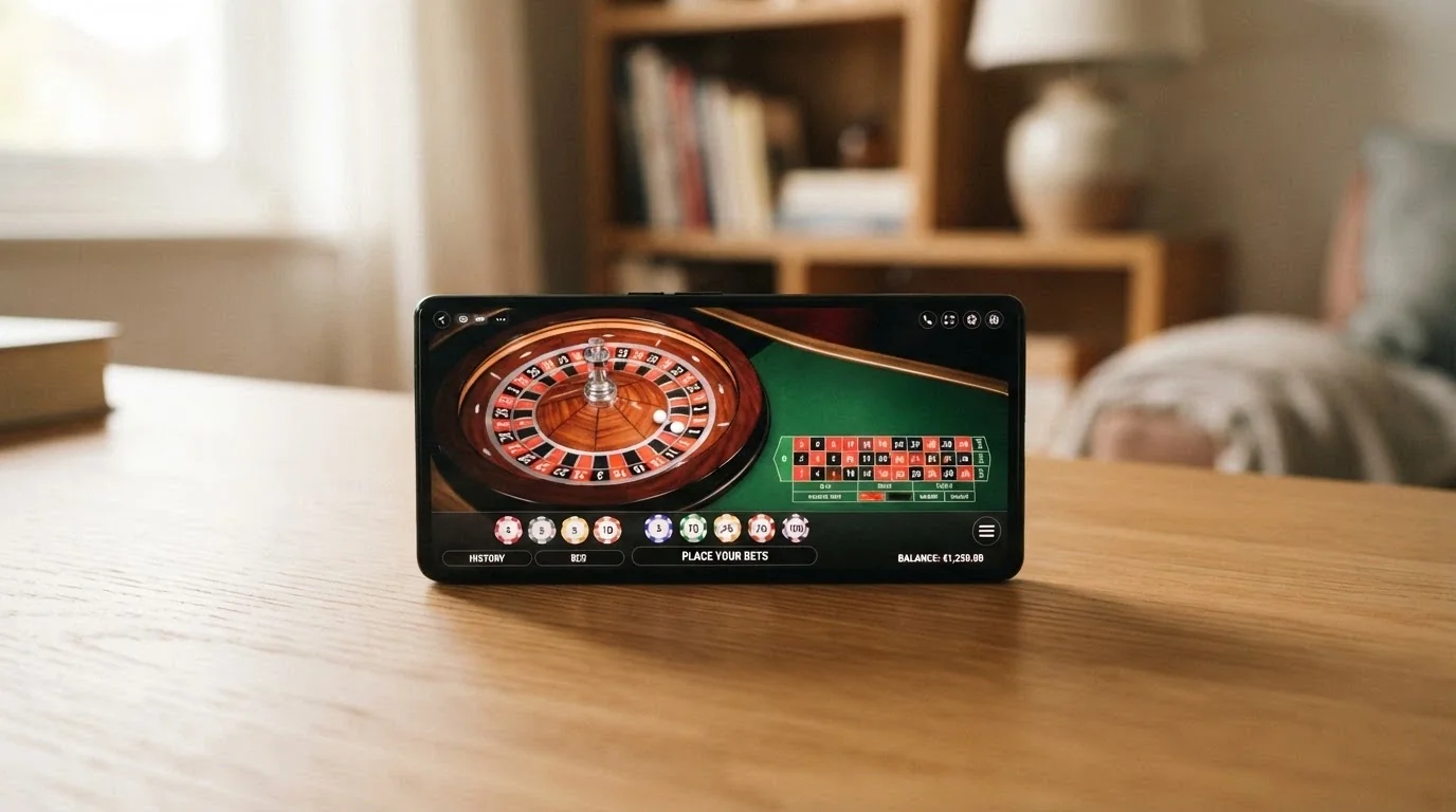 Mobilní telefon s otevřeným live casino streamem — ruleta na obrazovce