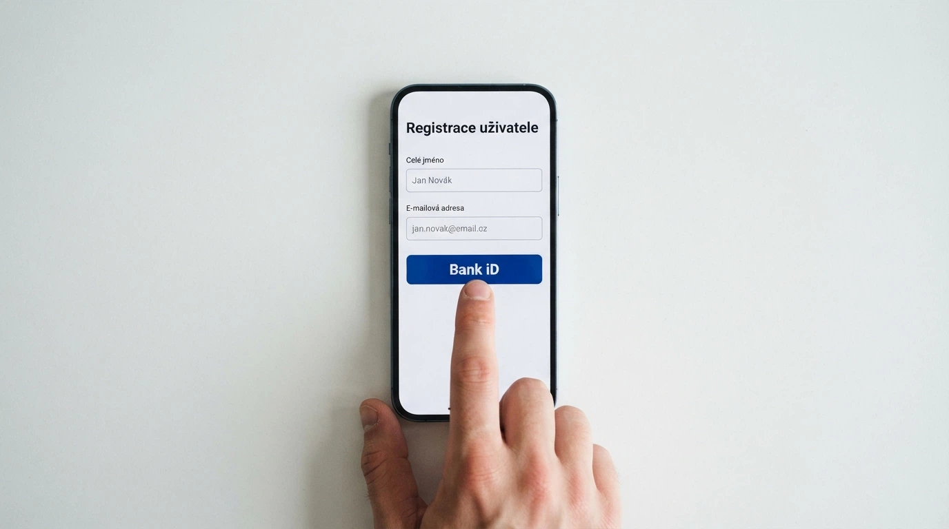 Chytrý telefon zobrazující registrační formulář online casina s tlačítkem Bank iD