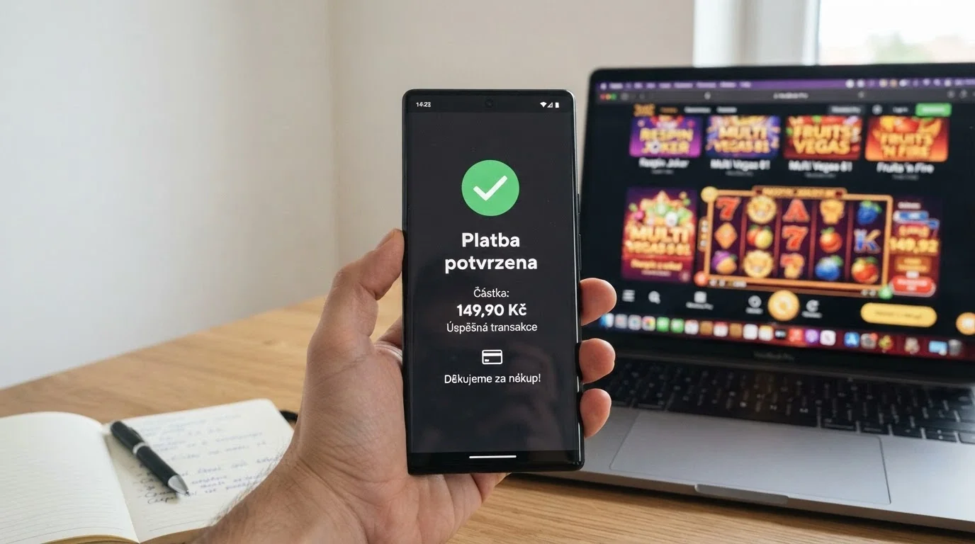 Logo NeteraPay na obrazovce telefonu vedle loga operátora O2 a Vodafone, v pozadí casino rozhraní