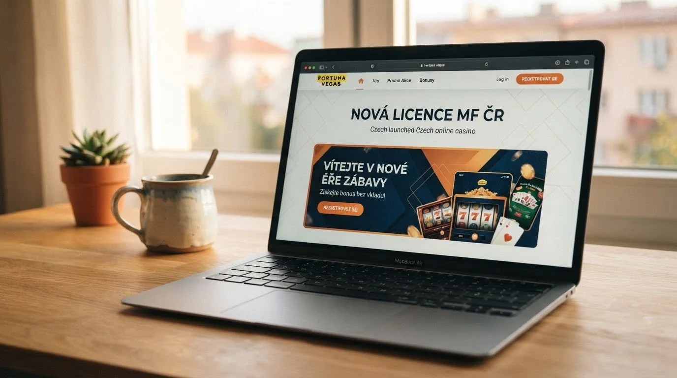 Nově otevřené online casino s nápisem „Nová licence MF ČR“ na úvodní stránce