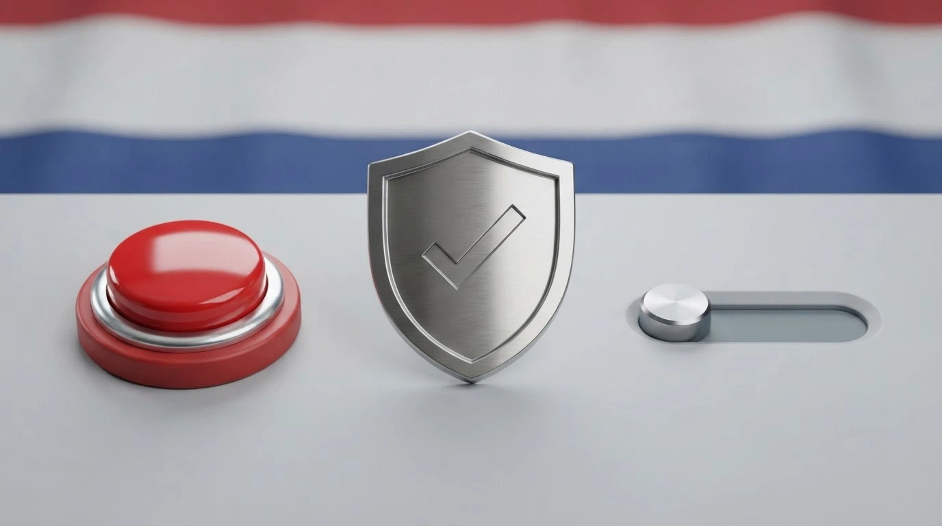 Symboly tří nástrojů zodpovědného hraní — Panic Button, nastavitelné limity, štít RVO — na pozadí české vlajky