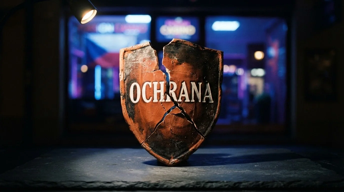 Rozbitý štít s nápisem „ochrana hráče“ před výlohou casina s cizí vlajkou